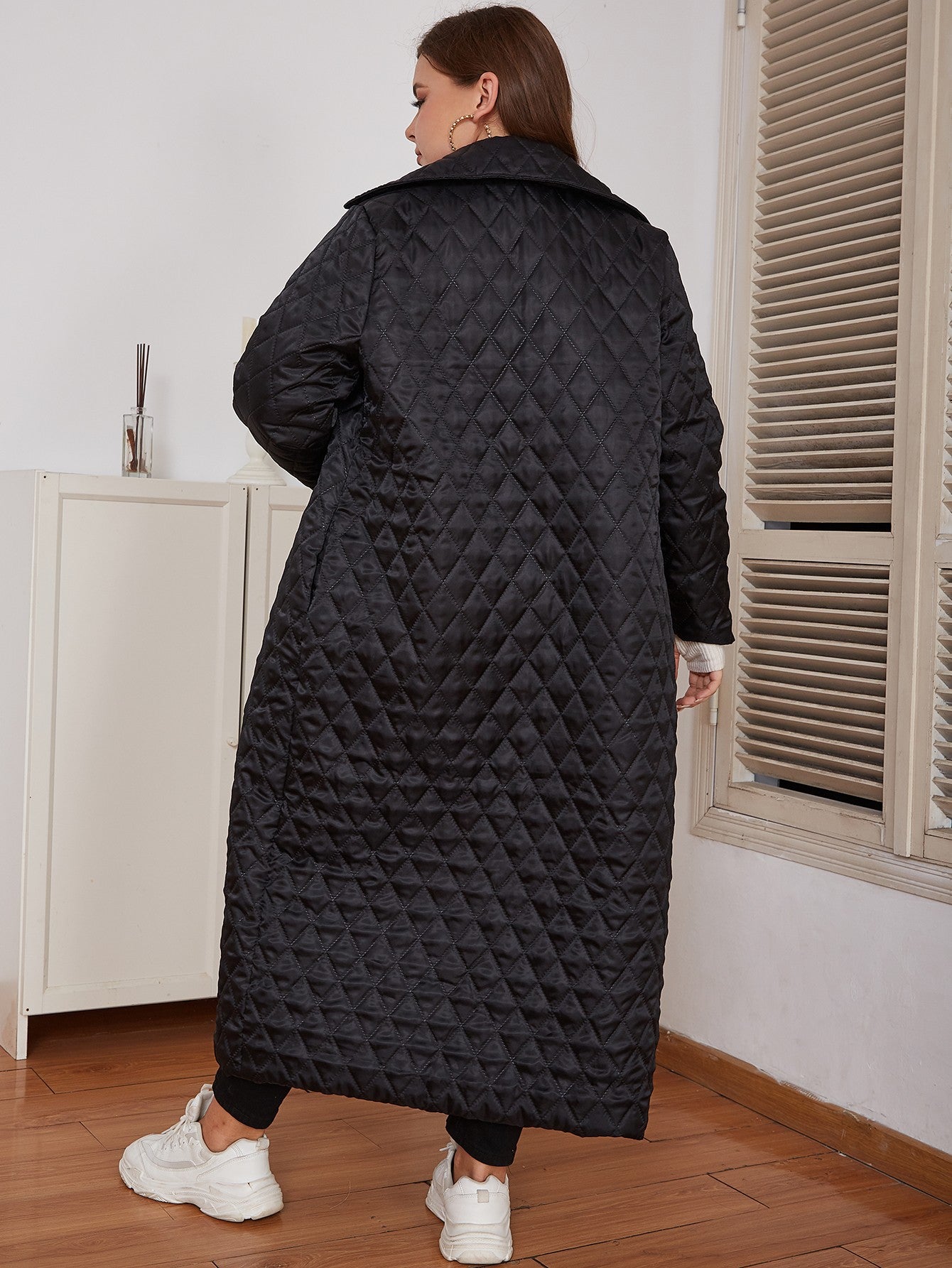 Plus Size Snap Front Lapel Collar Quilted Duster Coat