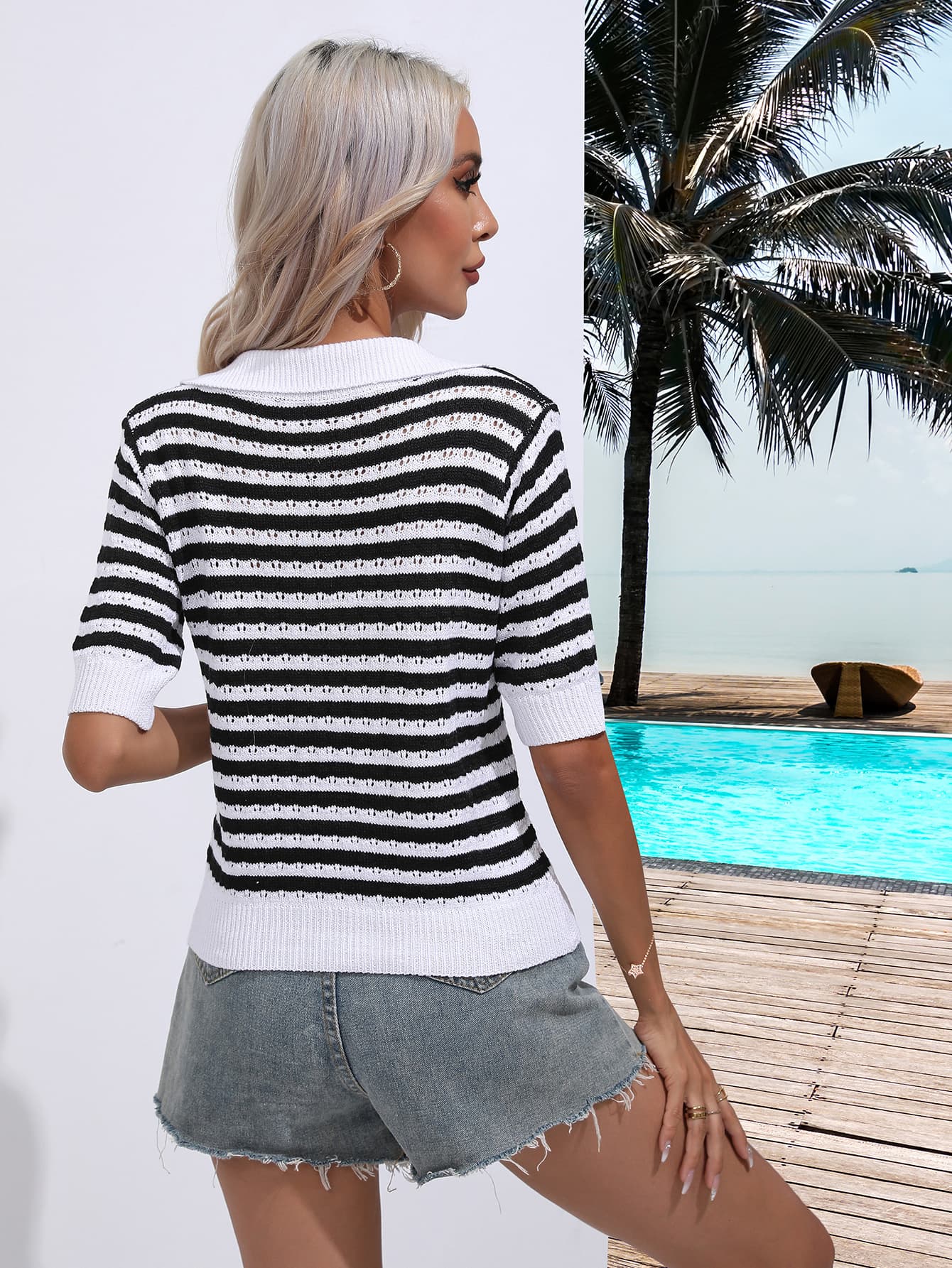 Striped Johnny Collar Half Sleeve Knit Top