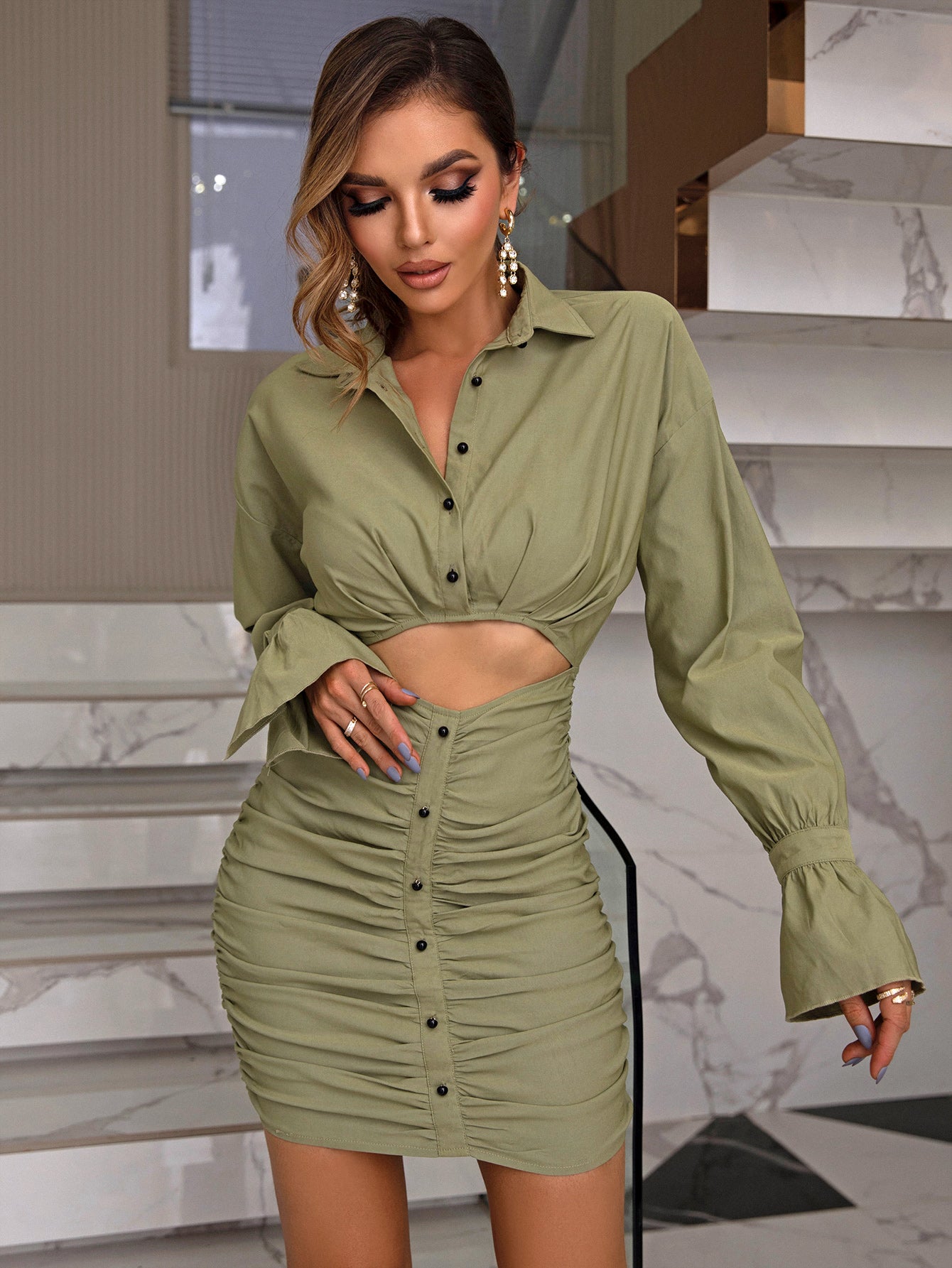 Ruched Cutout Flounce Sleeve Shirt Dress