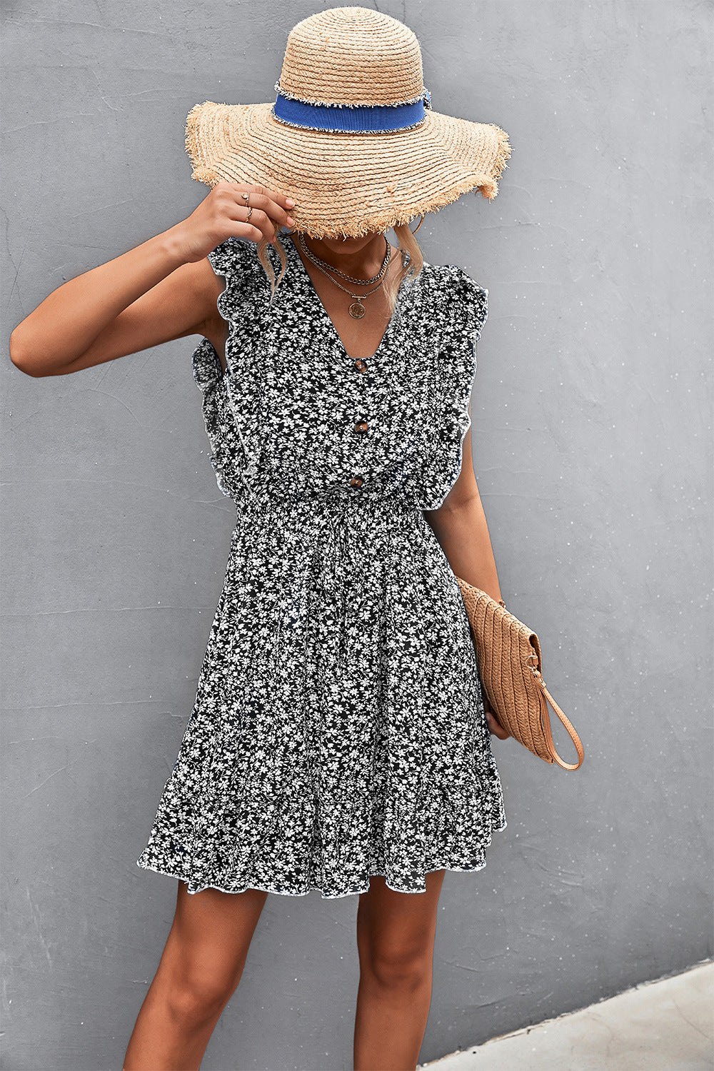 Ditsy Floral Ruffled V-Neck Dress