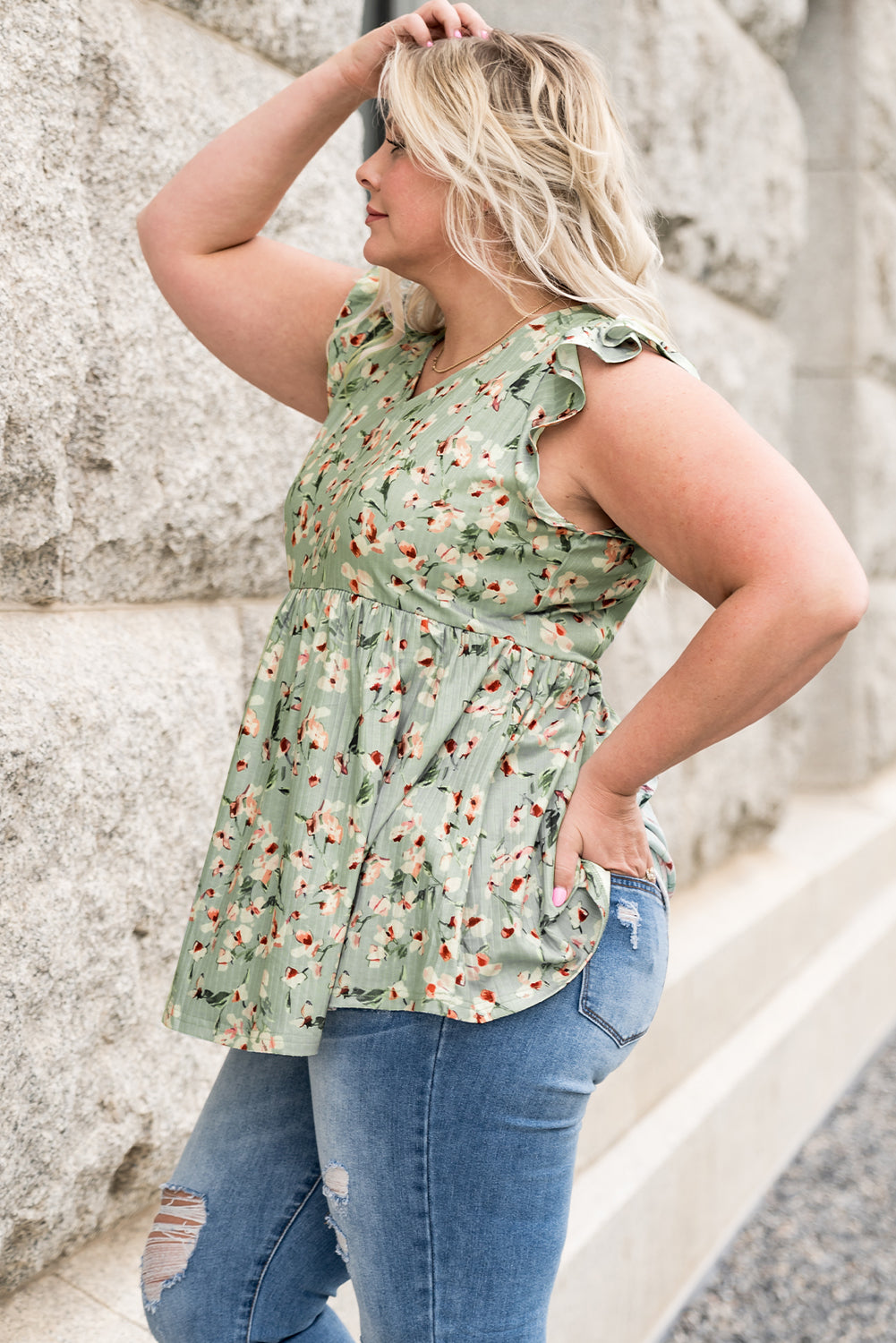 Plus Size Floral Flutter Sleeve Peplum Top