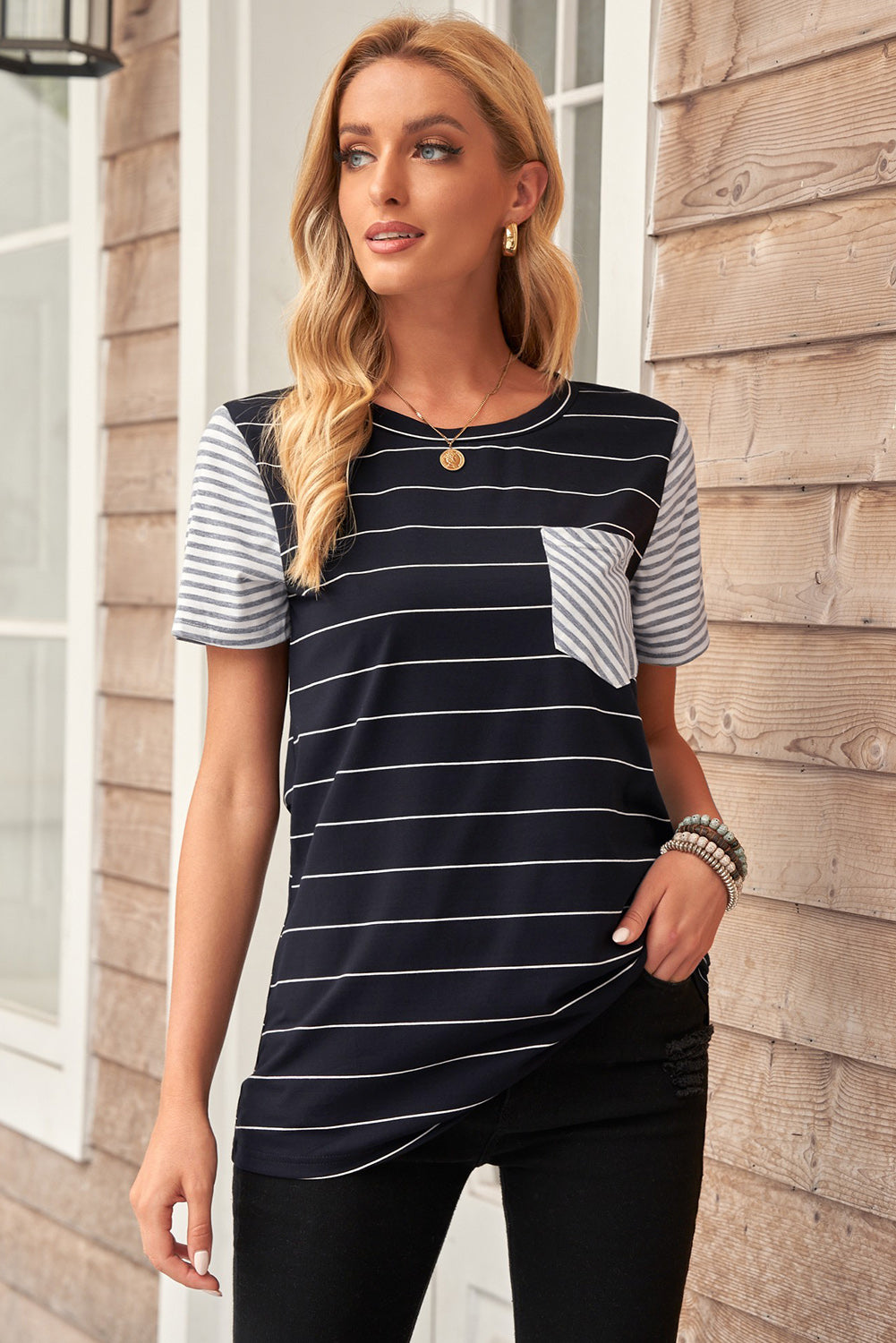 Striped Contrast Front Pocket T-Shirt