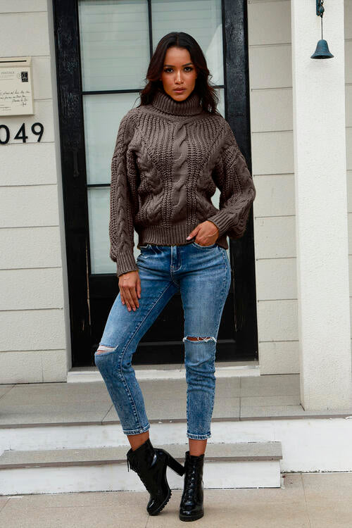 Cable-Knit Turtleneck Long Sleeve Sweater