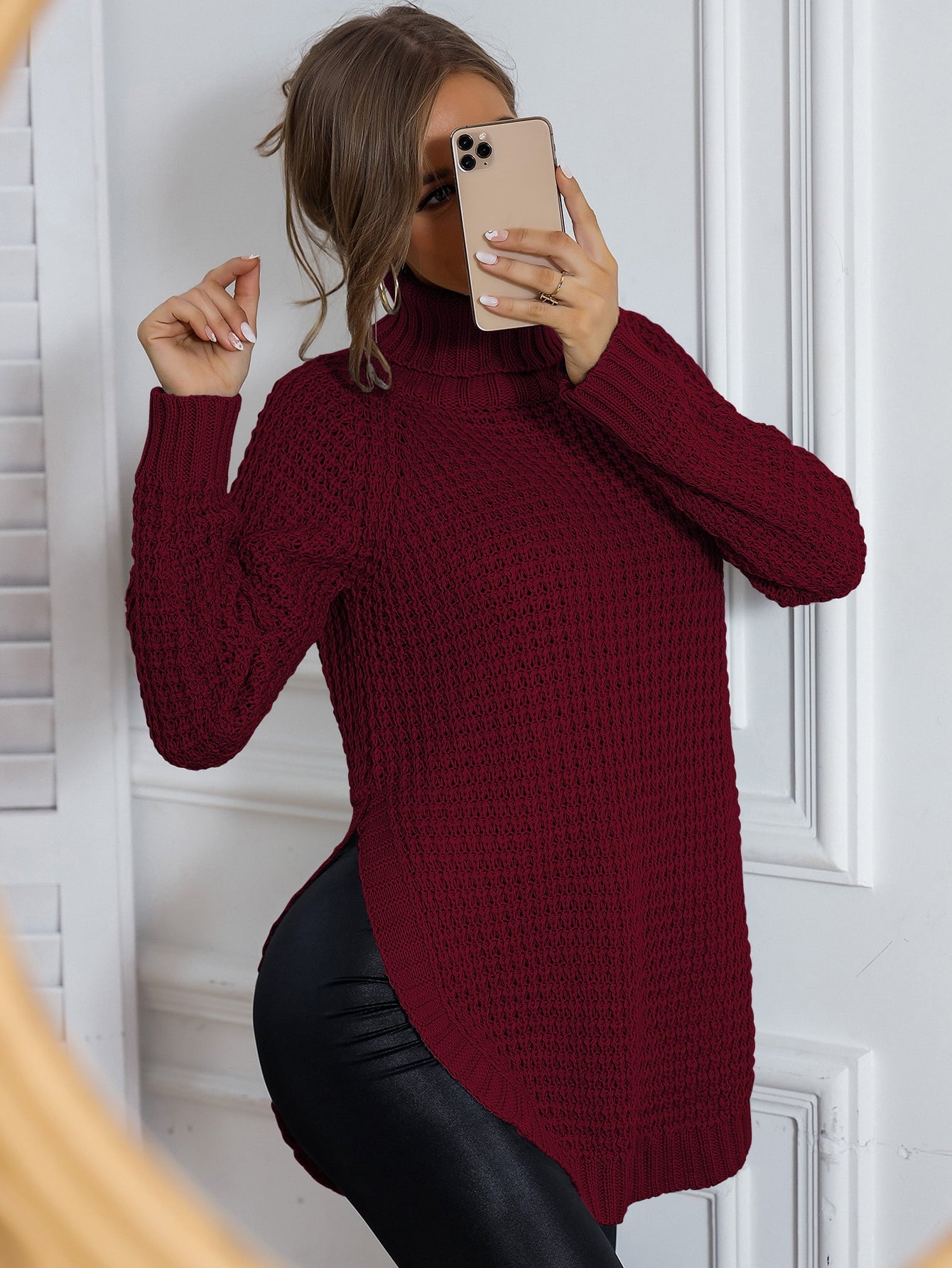 Waffle-knit Turtle Neck Long Sleeve Sweater Pullover