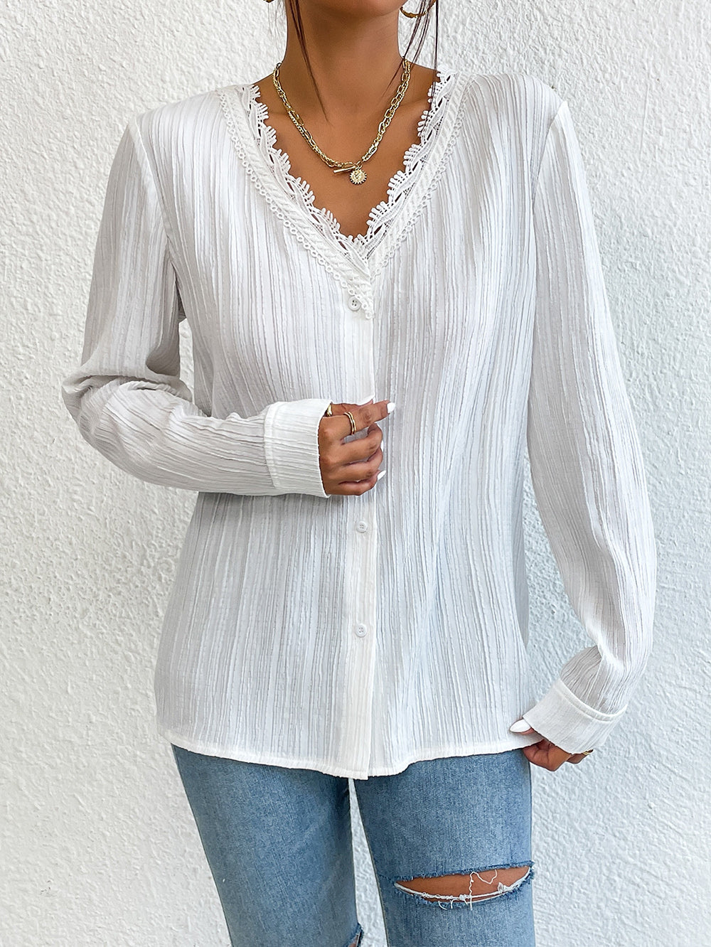 Lace Trim V-Neck Long Sleeve Shirt