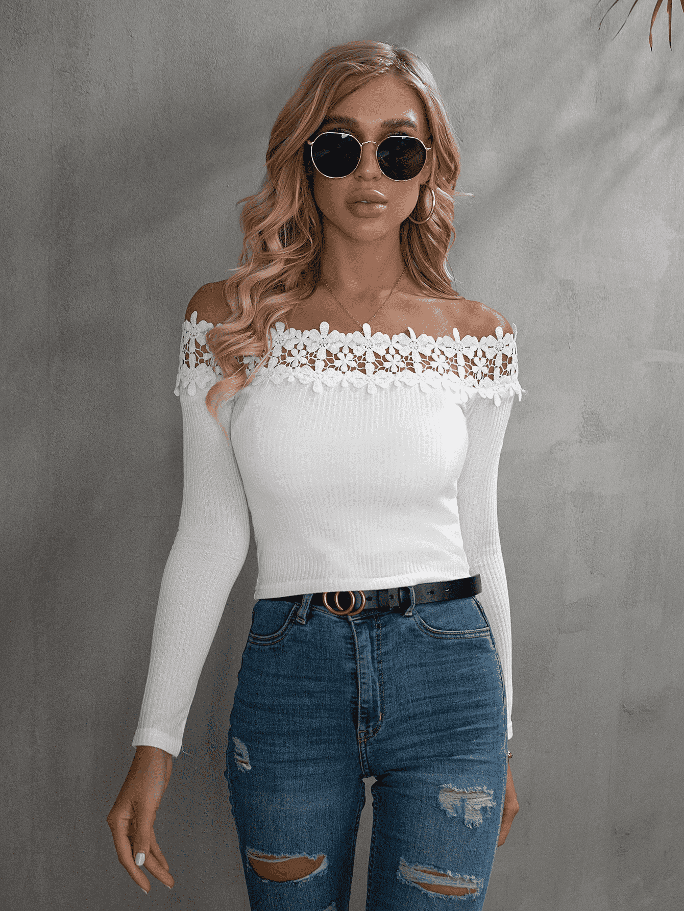 Off-Shoulder Lace Trim Ribbed Tee