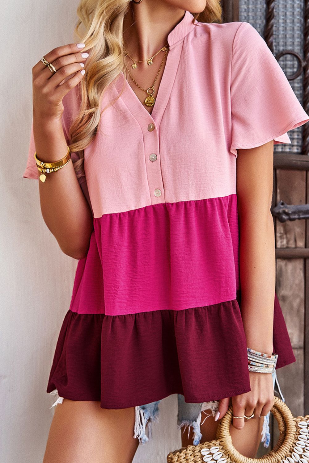 Color Block Notched Neck Tiered Short Sleeve Blouse