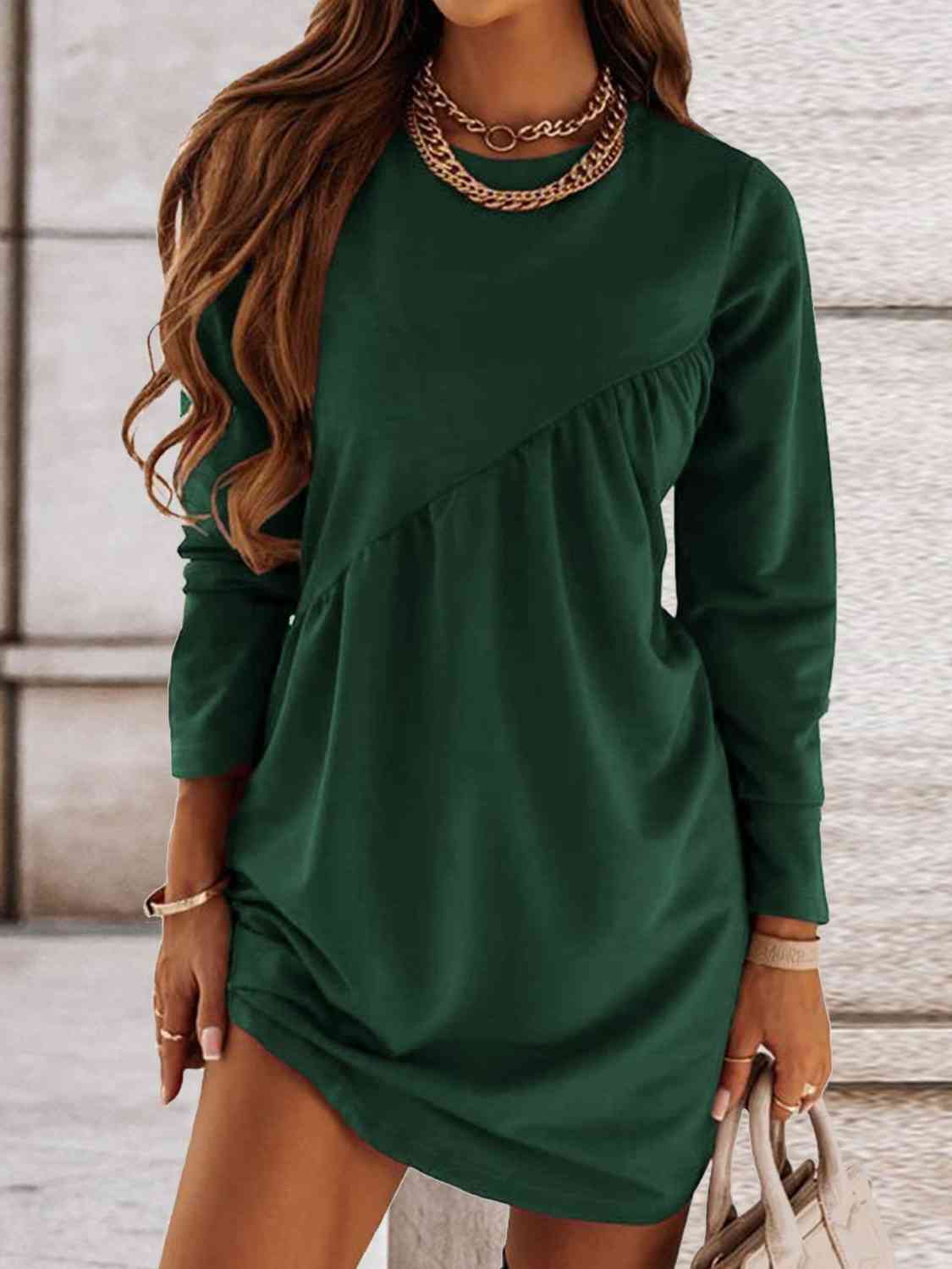 Ruched Round Neck Long Sleeve Dress