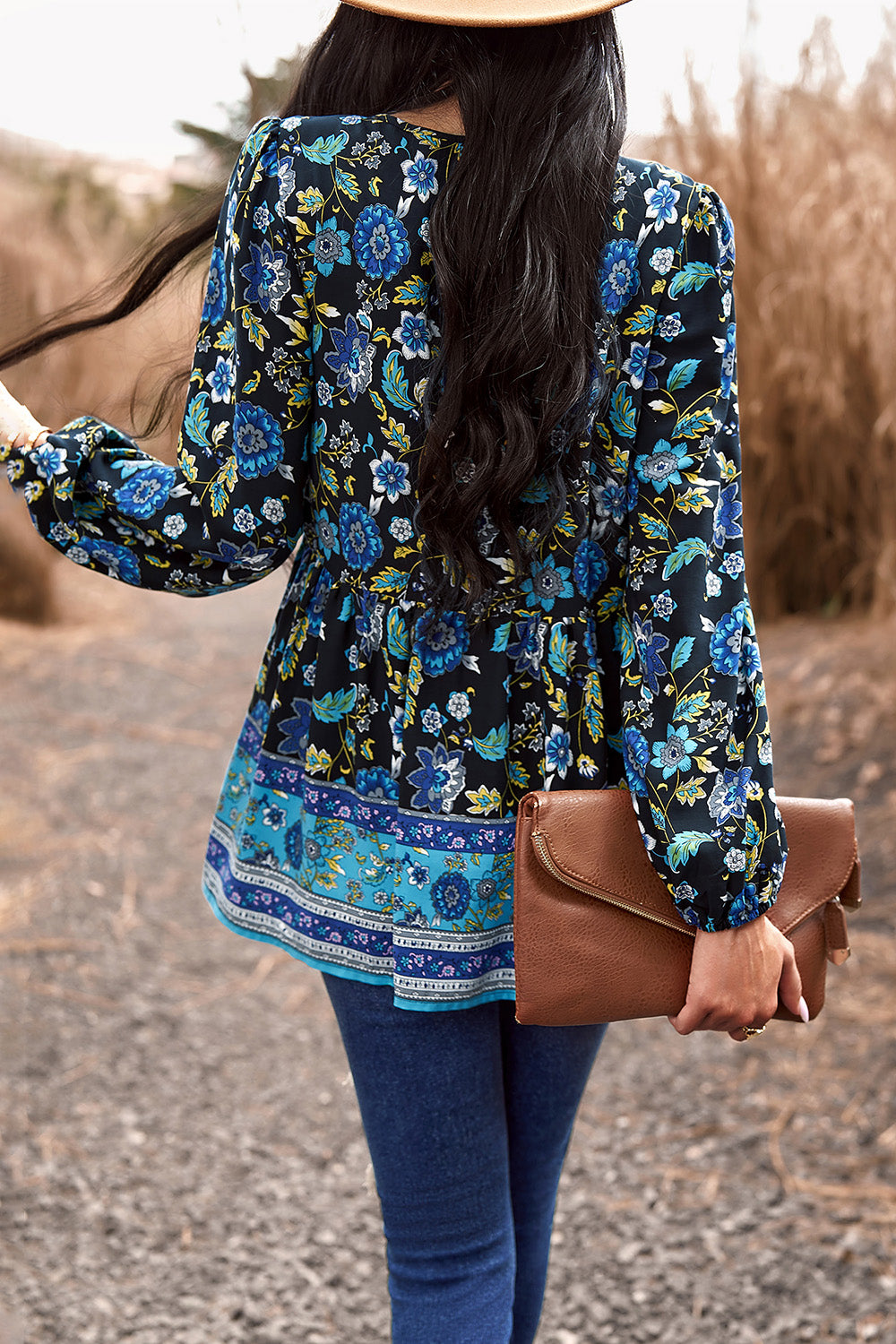 Tassel Tie Long Sleeve Peplum Blouse