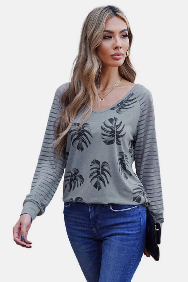 Leaf Print V Neck Top