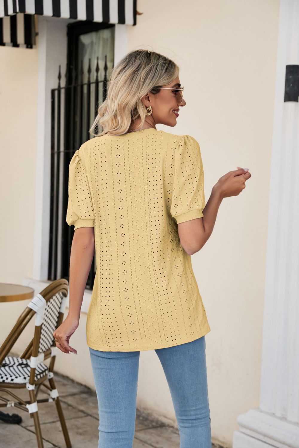 Eyelet Puff Sleeve V-Neck Top