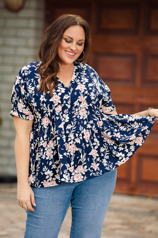 Floral V-Neck Tied Babydoll Blouse