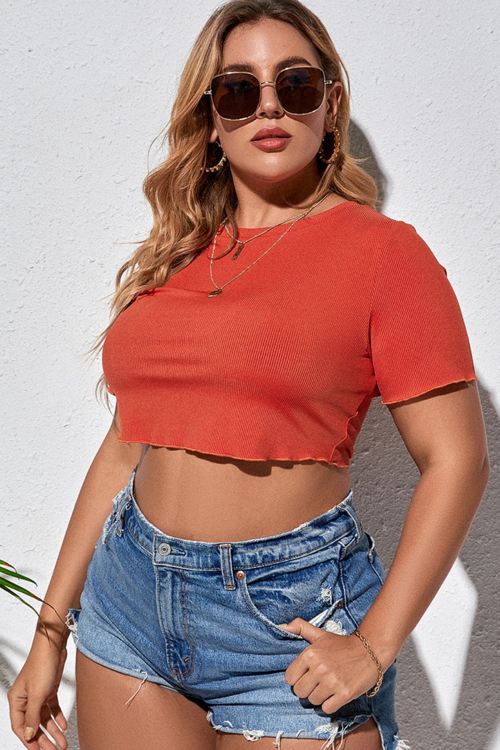 Plus Size Round Neck Short Sleeve Cropped T-Shirt