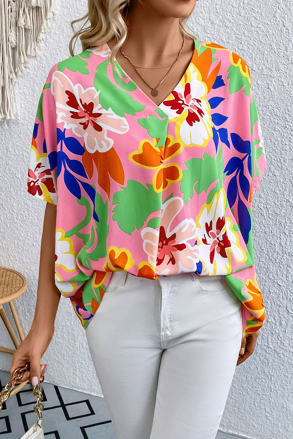 Floral Print V-Neck Short Raglan Sleeve Blouse