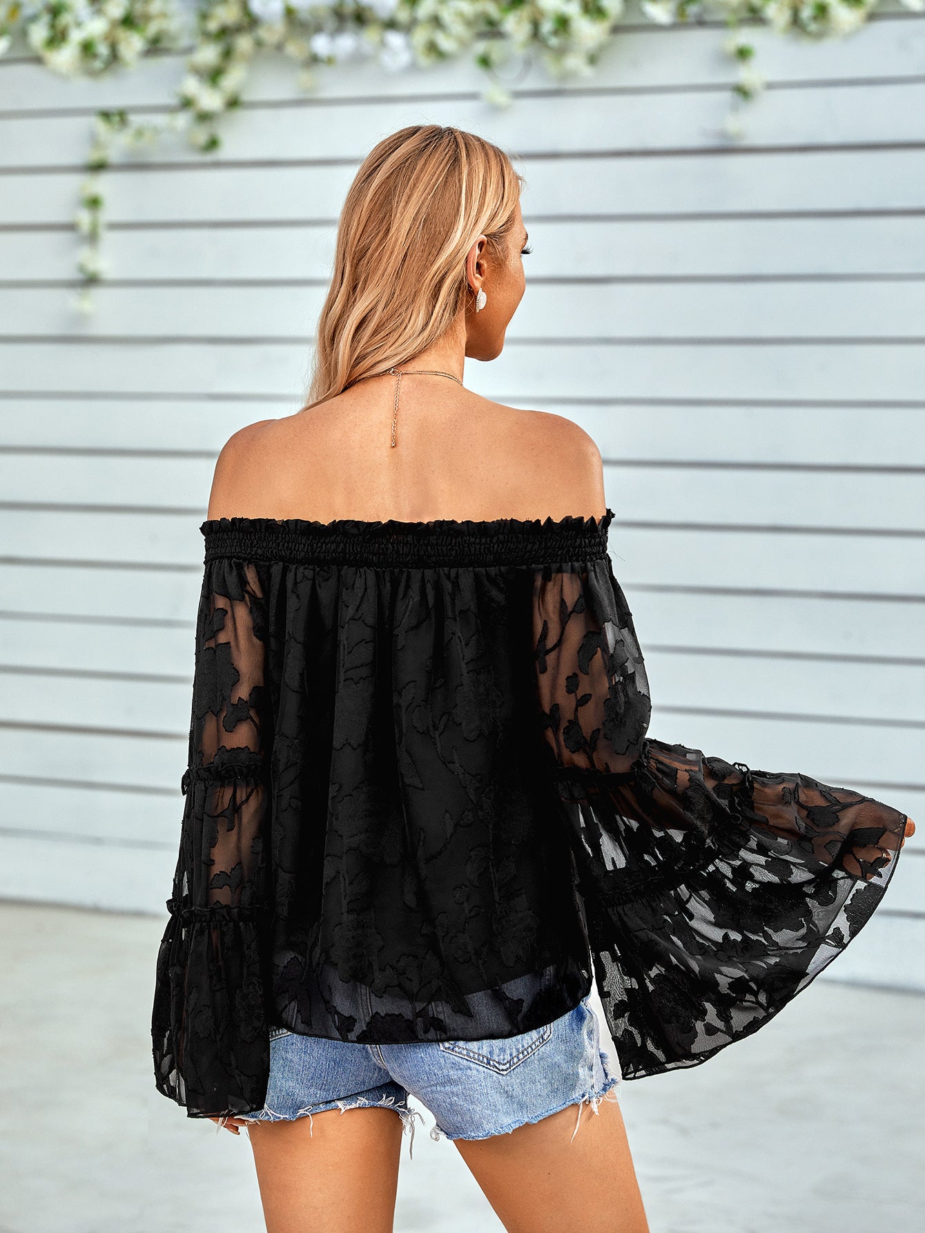 Applique Flounce Sleeve Off-Shoulder Blouse