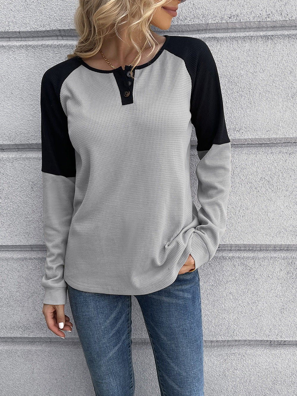 Contrast Buttoned Round Neck Raglan Sleeve Top