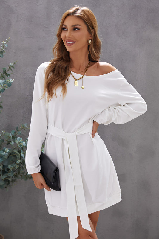 Boat Neck Belted Long Sleeve Dress