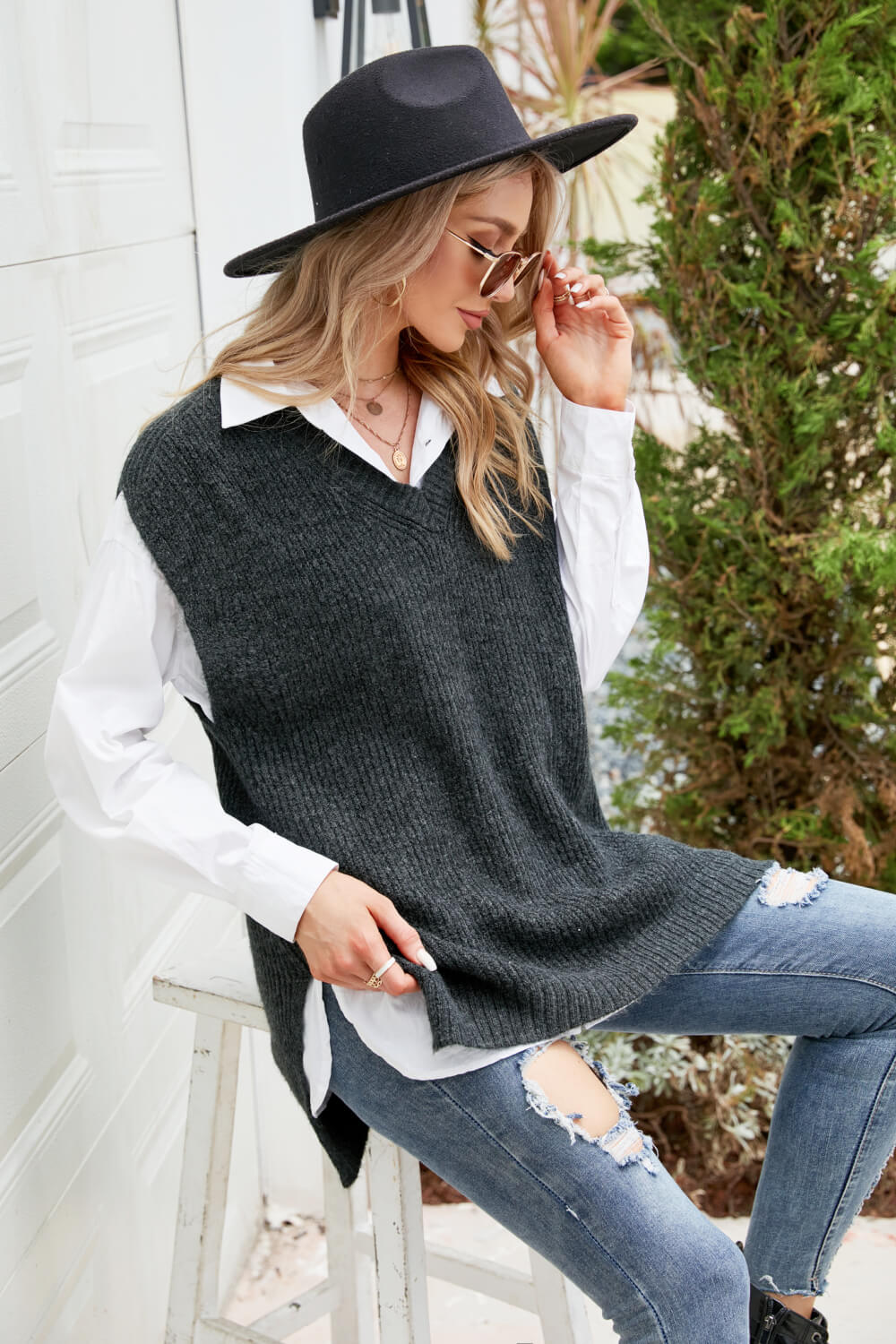 V-Neck Side Slit Sweater Vest