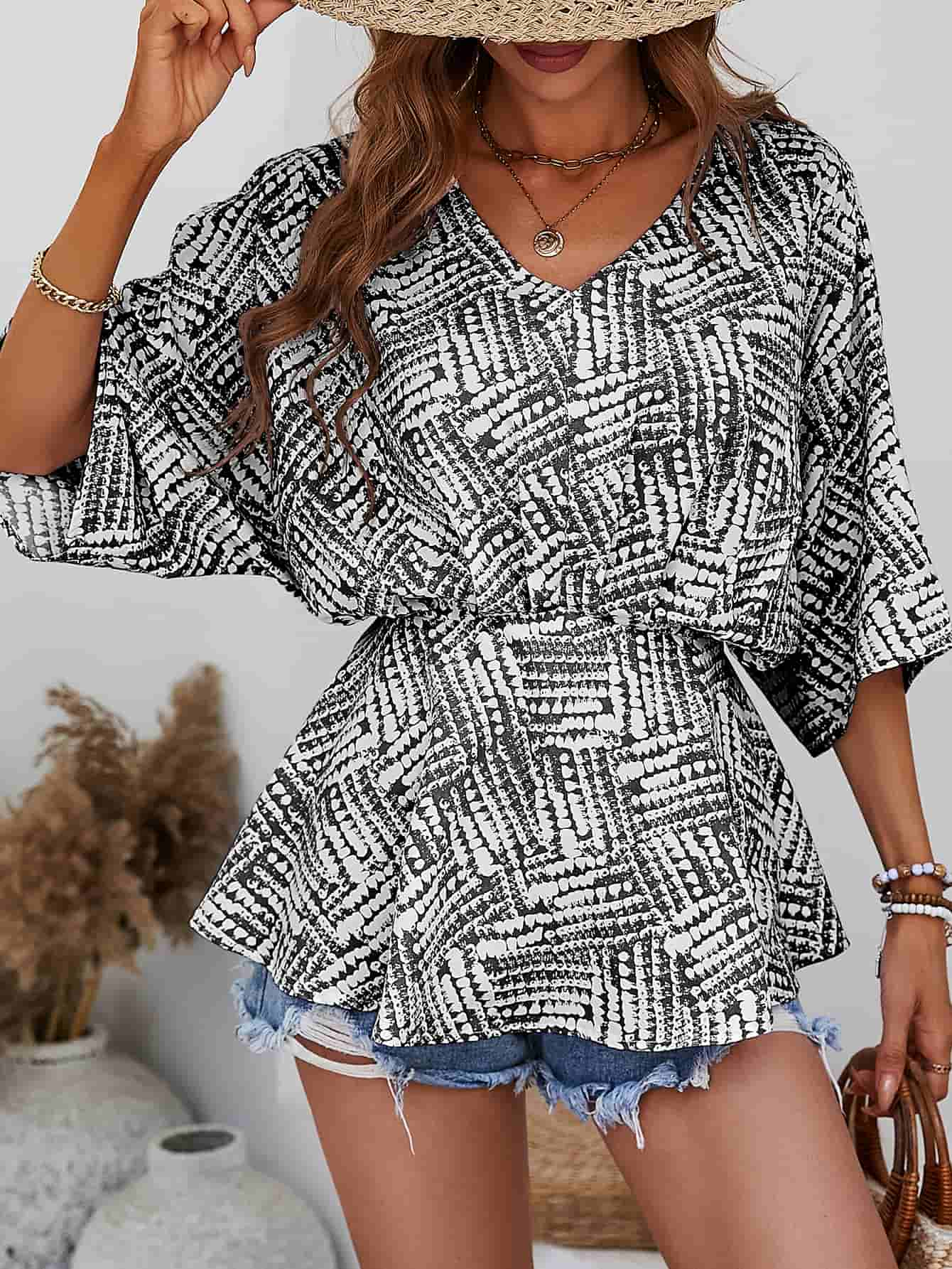 Printed V-Neck Dolman Sleeve Blouse