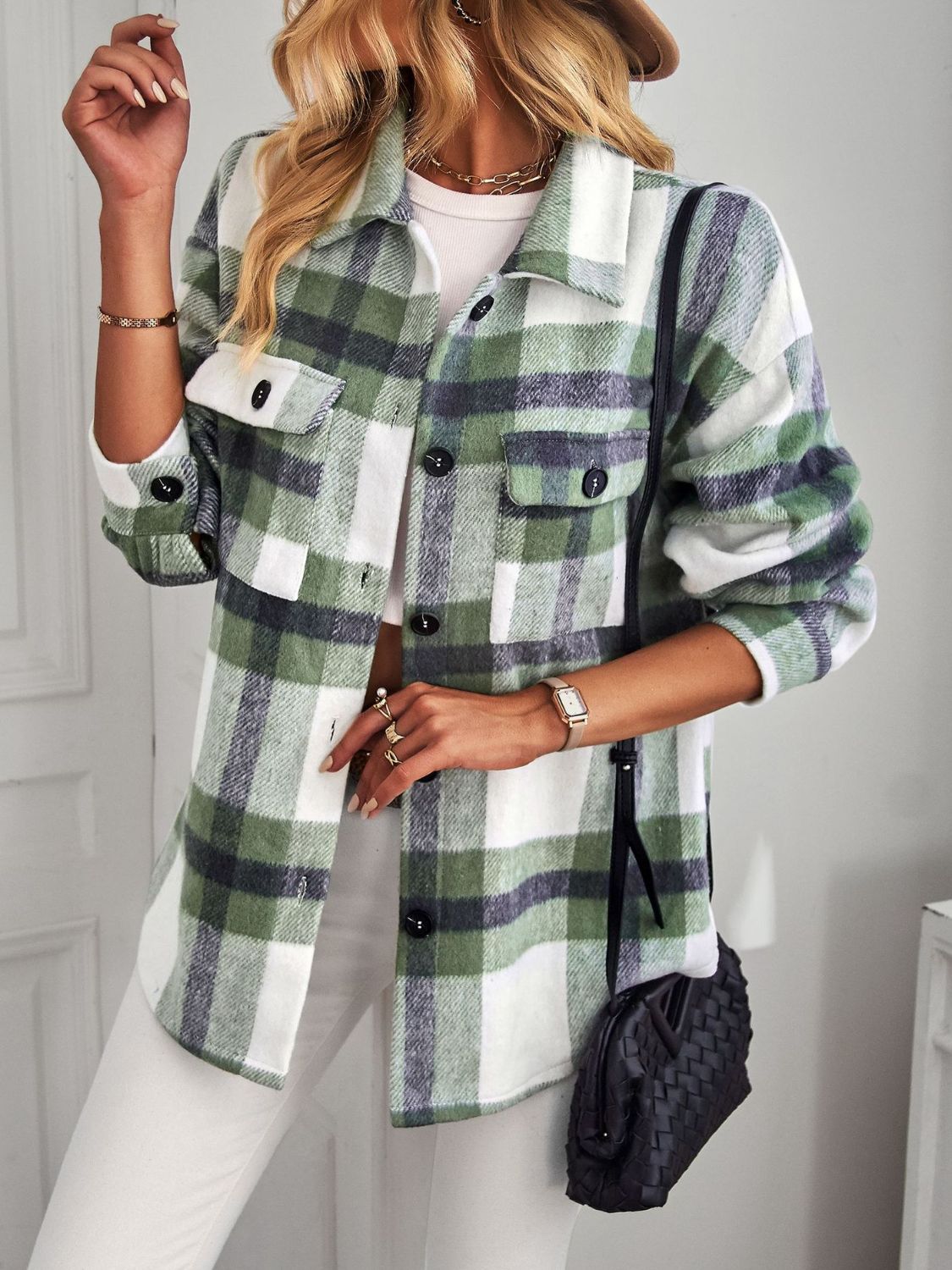 Plaid Button Front Brushed Shacket with Breast Pockets