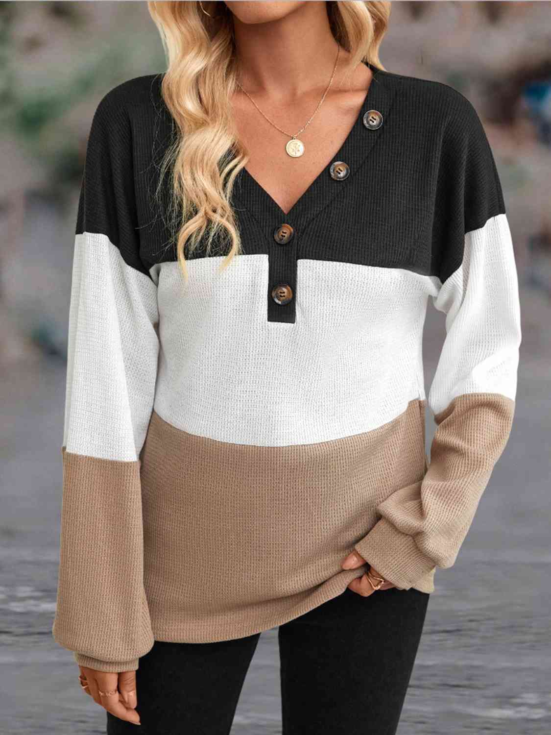 Color Block V-Neck Decorative Button Blouse