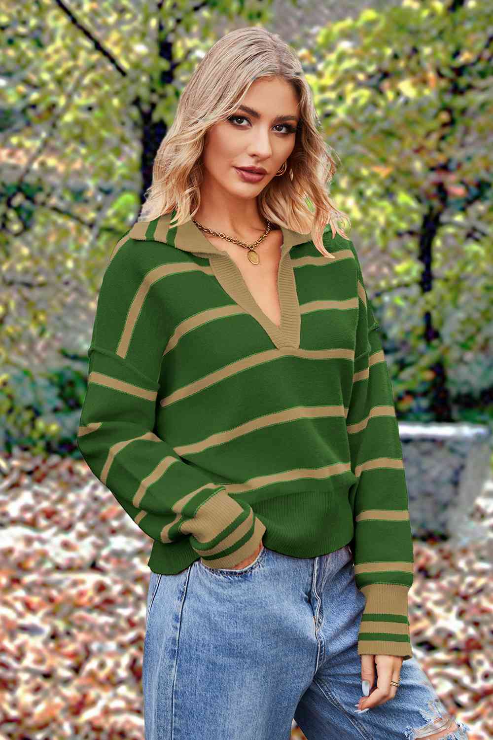 Striped Collared Long Sleeve Sweater