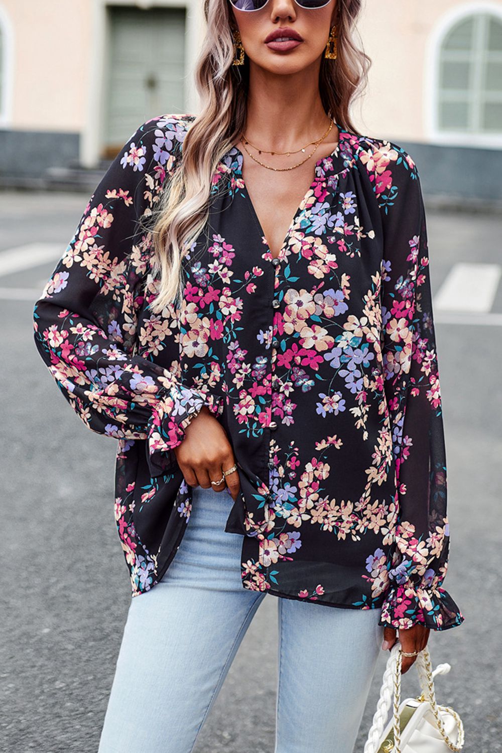 Floral Print Flounce Sleeve Blouse