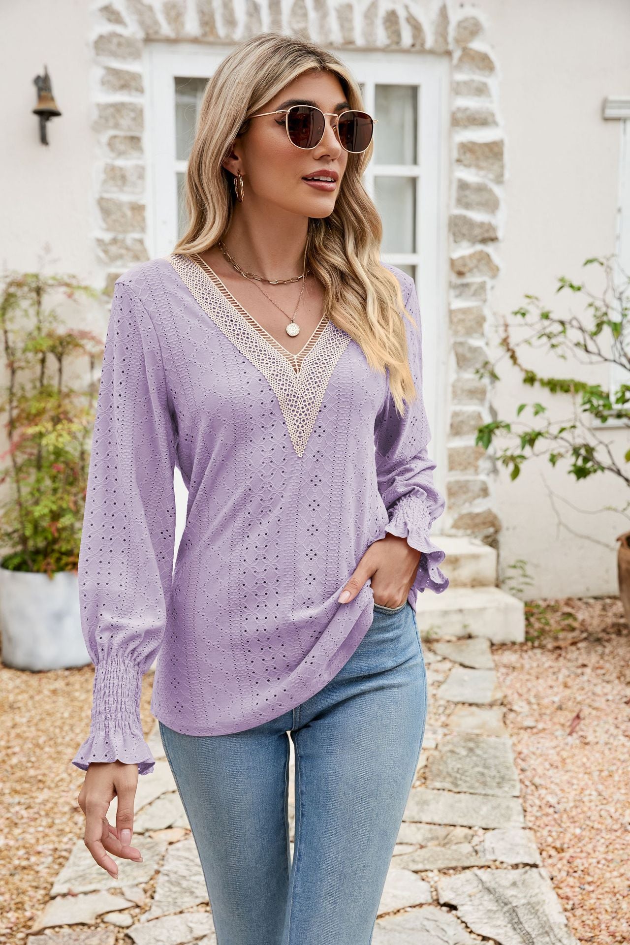 Eyelet V-Neck Smocked Flounce Sleeve Blouse