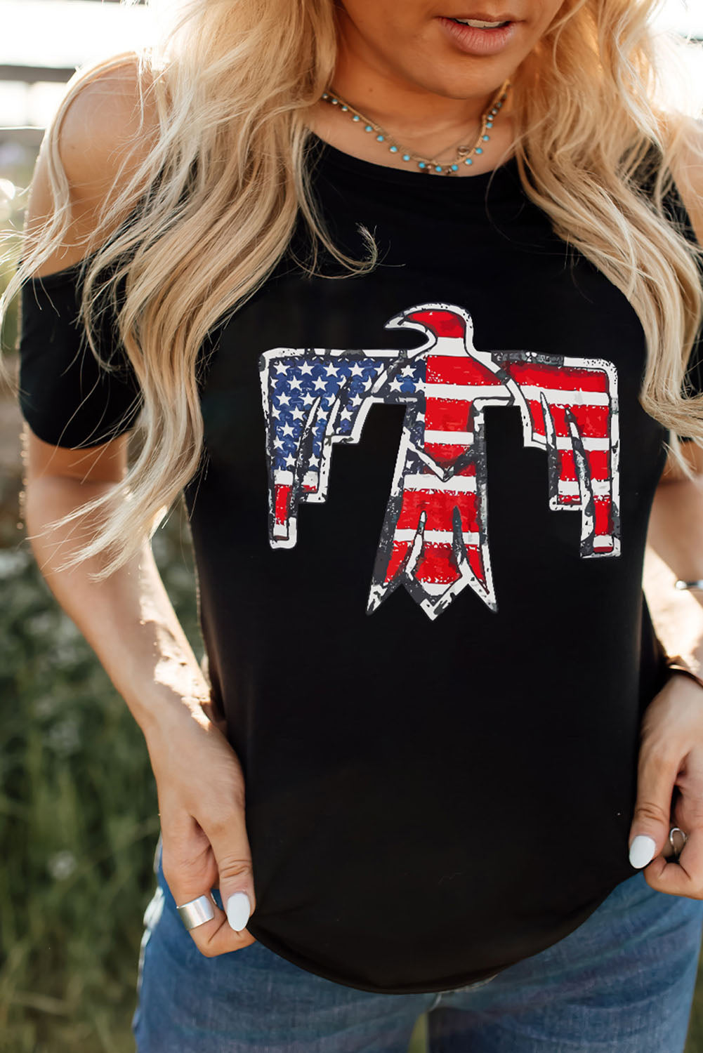 US Flag Bird Graphic Cold-Shoulder Tee