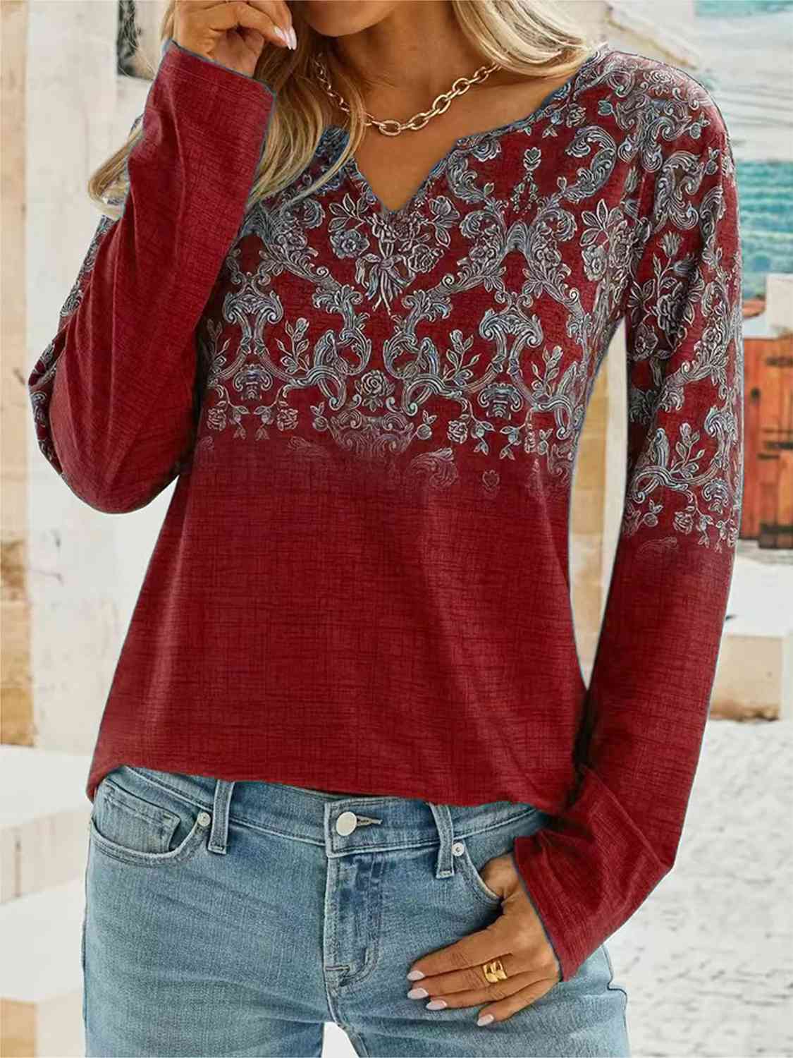 Printed Notched Long Sleeve T-Shirt