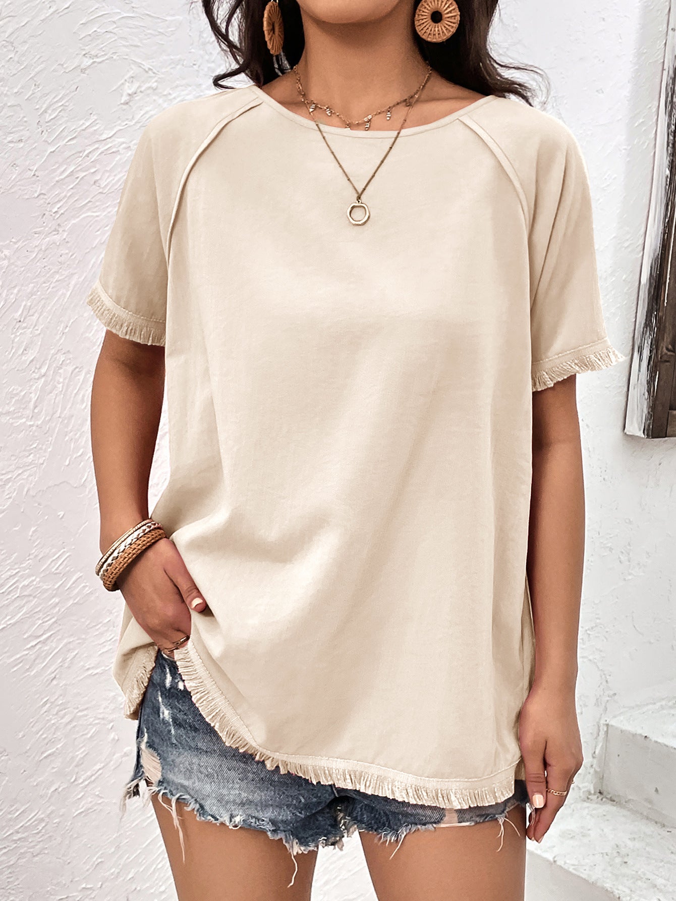 Round Neck Raglan Sleeve Fringe Detail Top