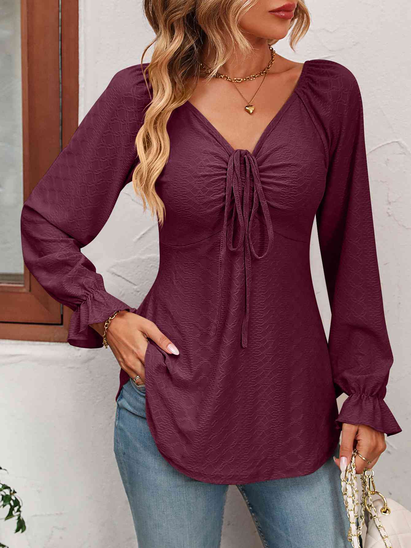 Tie Front V-Neck Puff Sleeve Blouse