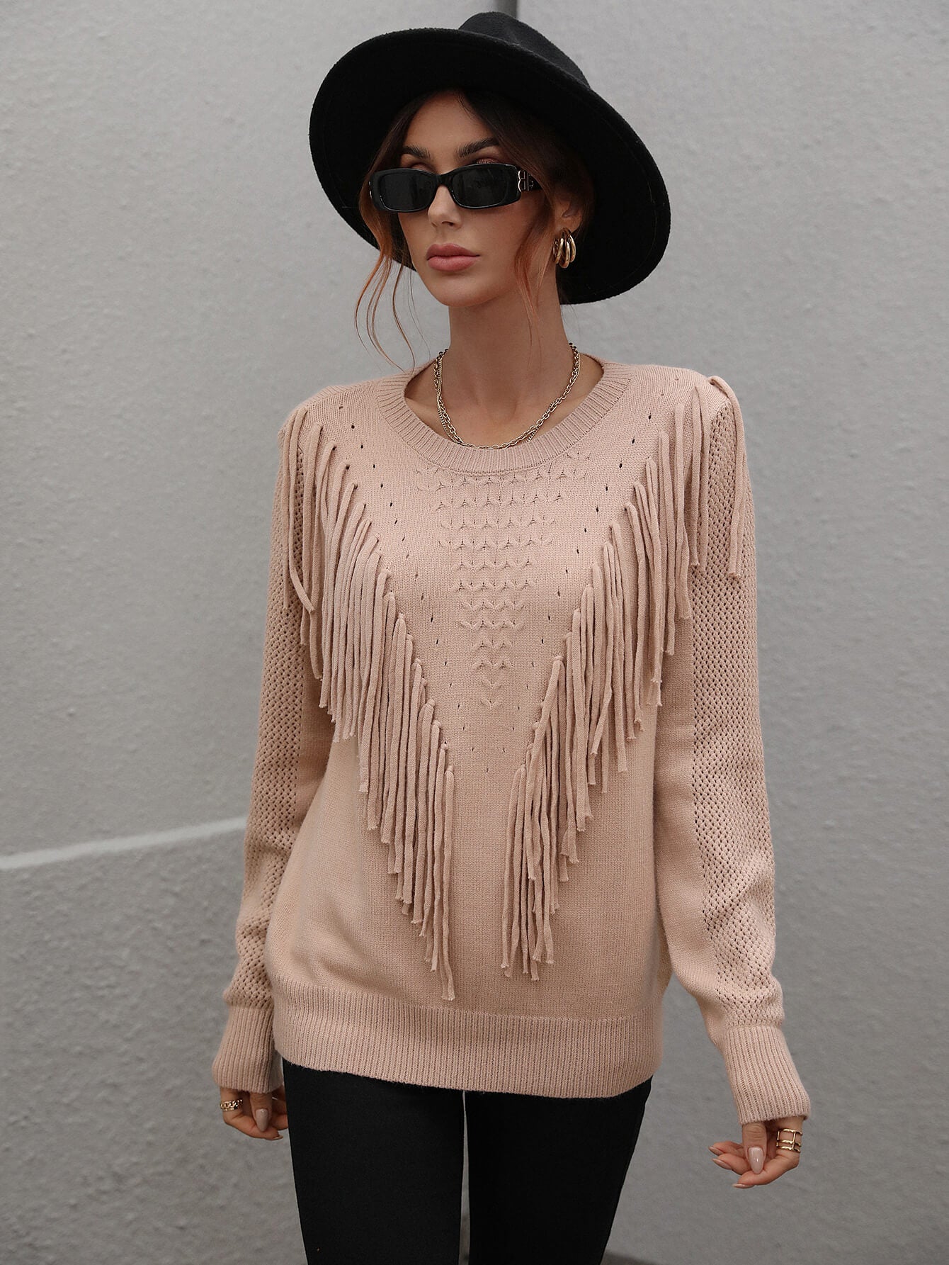 Fringe Detail Ribbed Trim Sweater