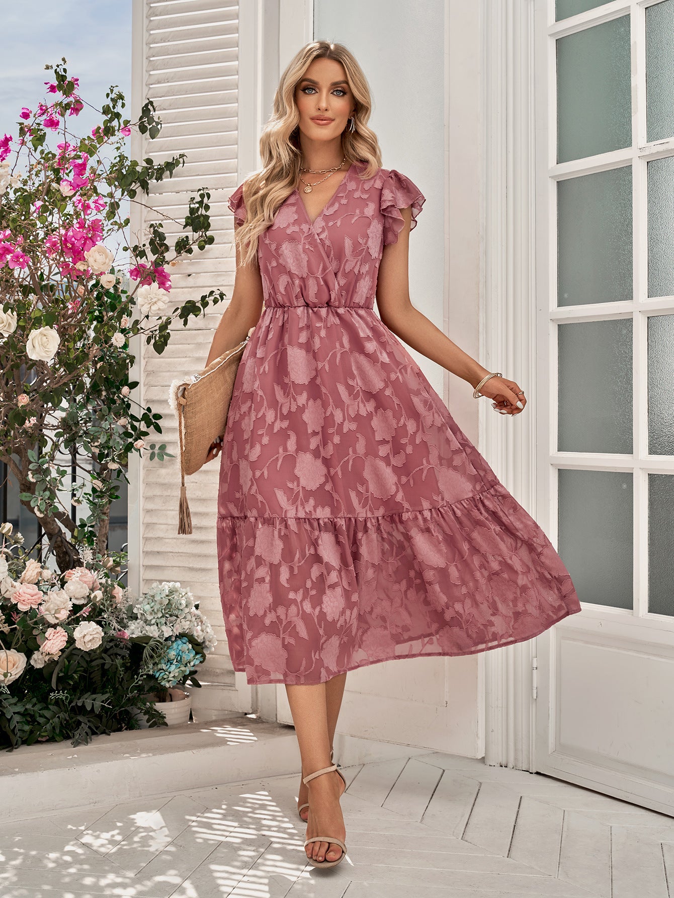 Floral Surplice Flutter Sleeve Dress