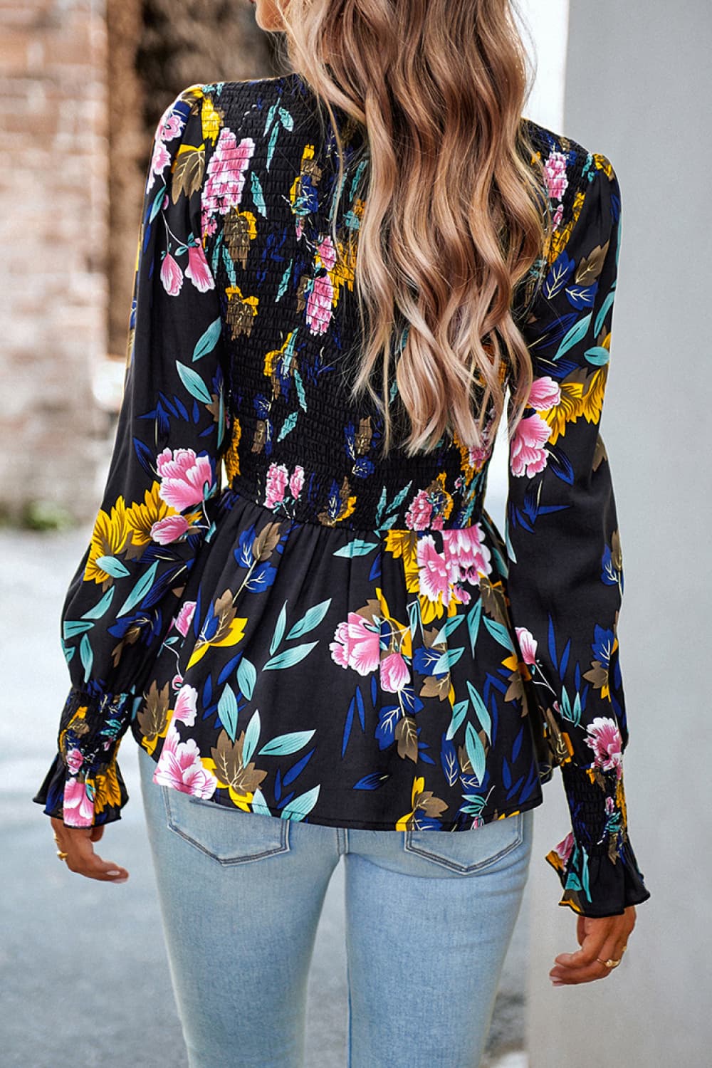 Round Neck Flounce Sleeve Peplum Top