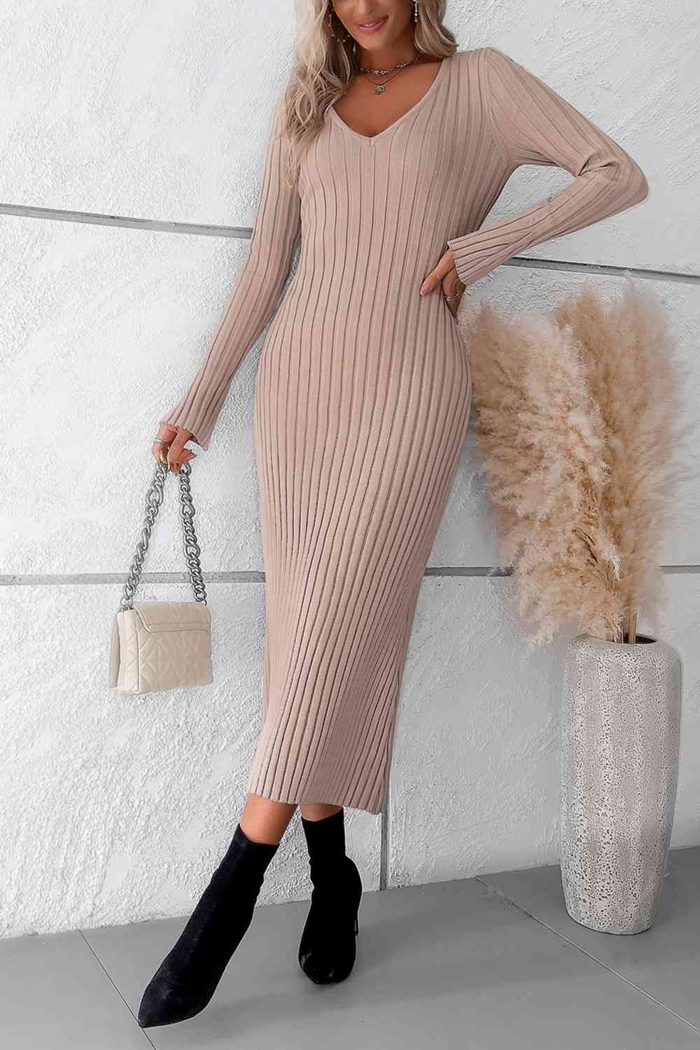 V-Neck Long Sleeve Ribbed Sweater Dress