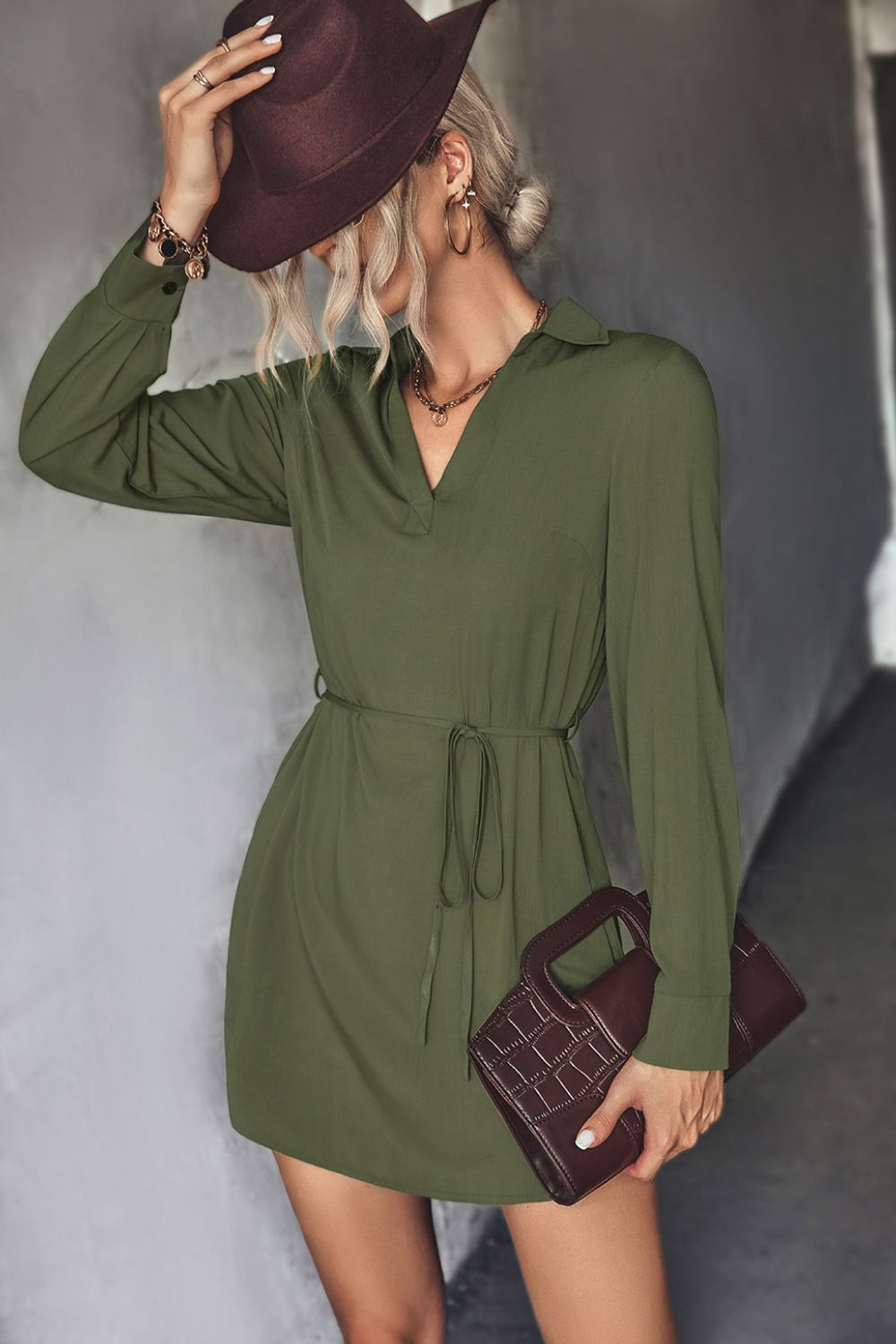 Belted Johnny Collar High-Low Shirt Dress