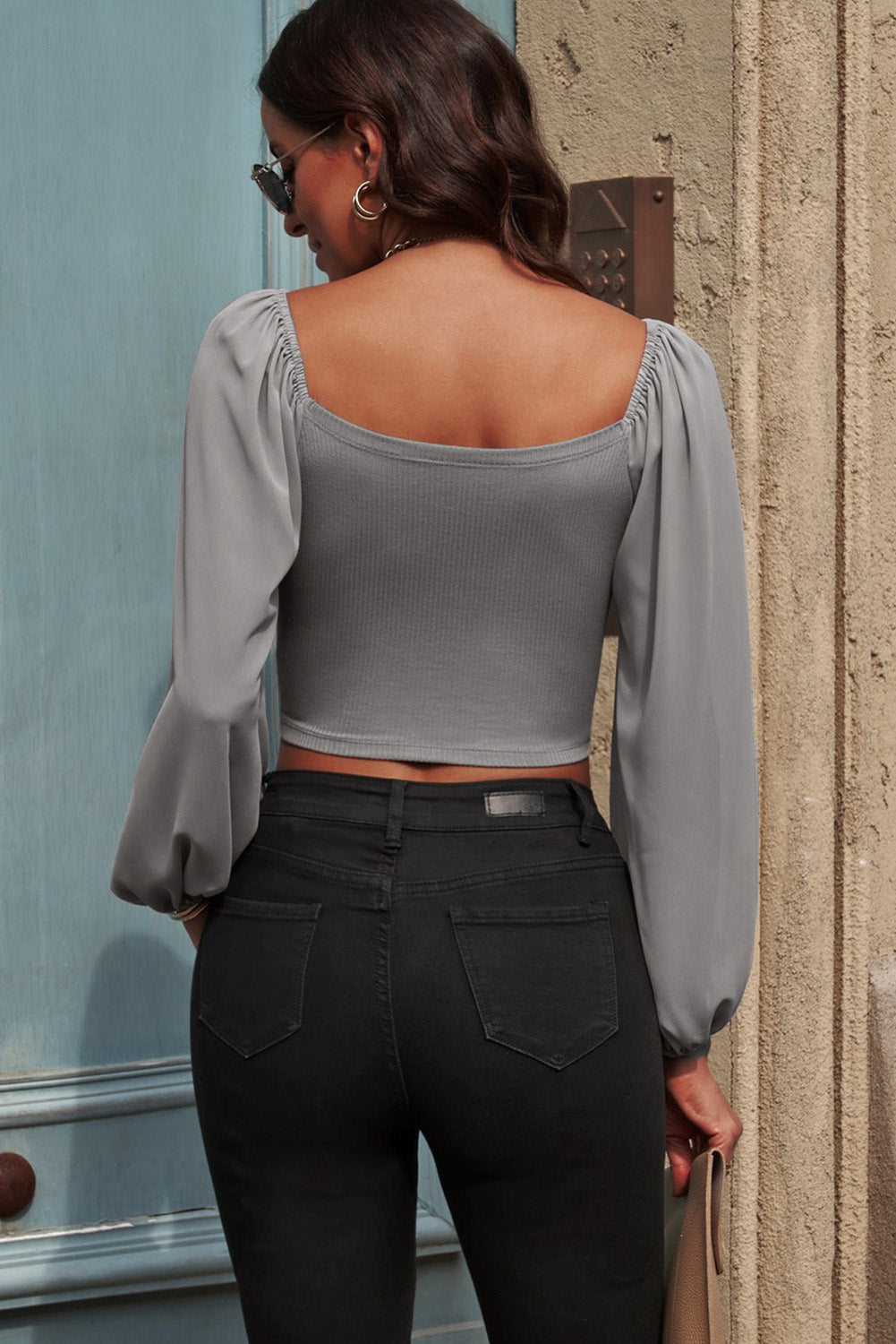 Drawstring Detail Balloon Sleeve Cropped Blouse