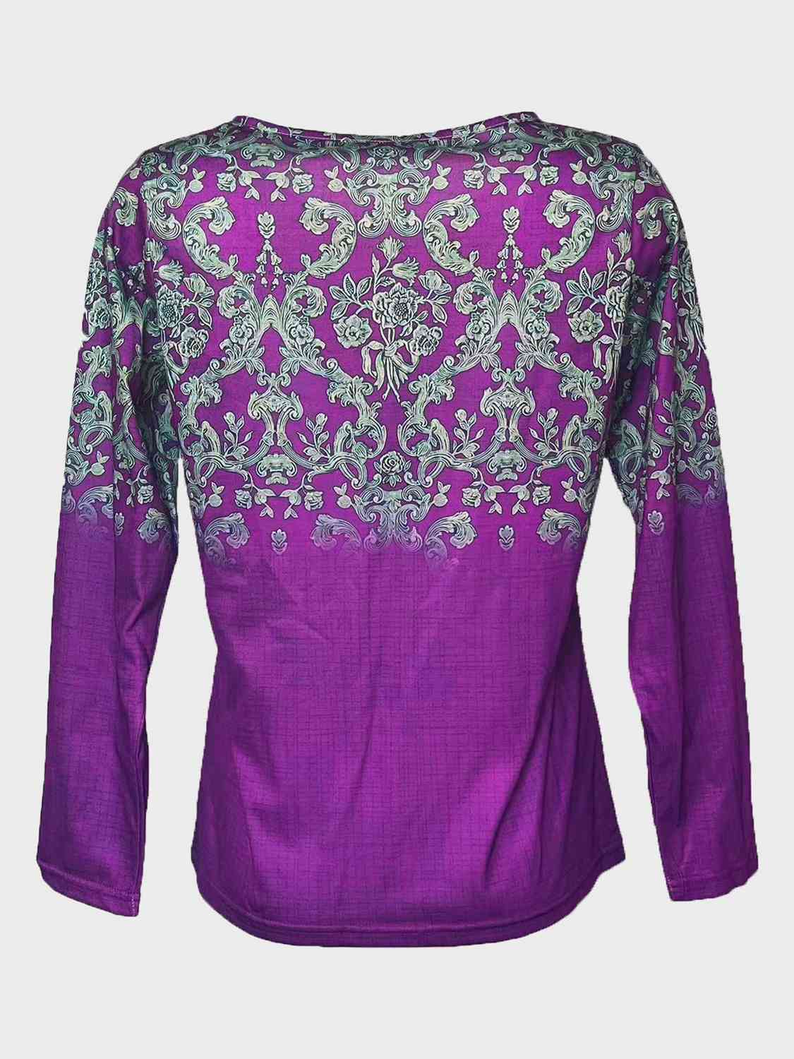 Printed Notched Long Sleeve T-Shirt