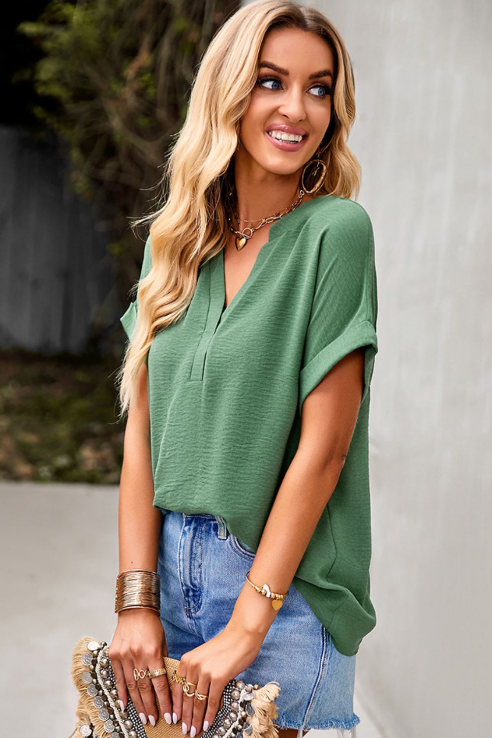Notched Cuffed Sleeve Blouse