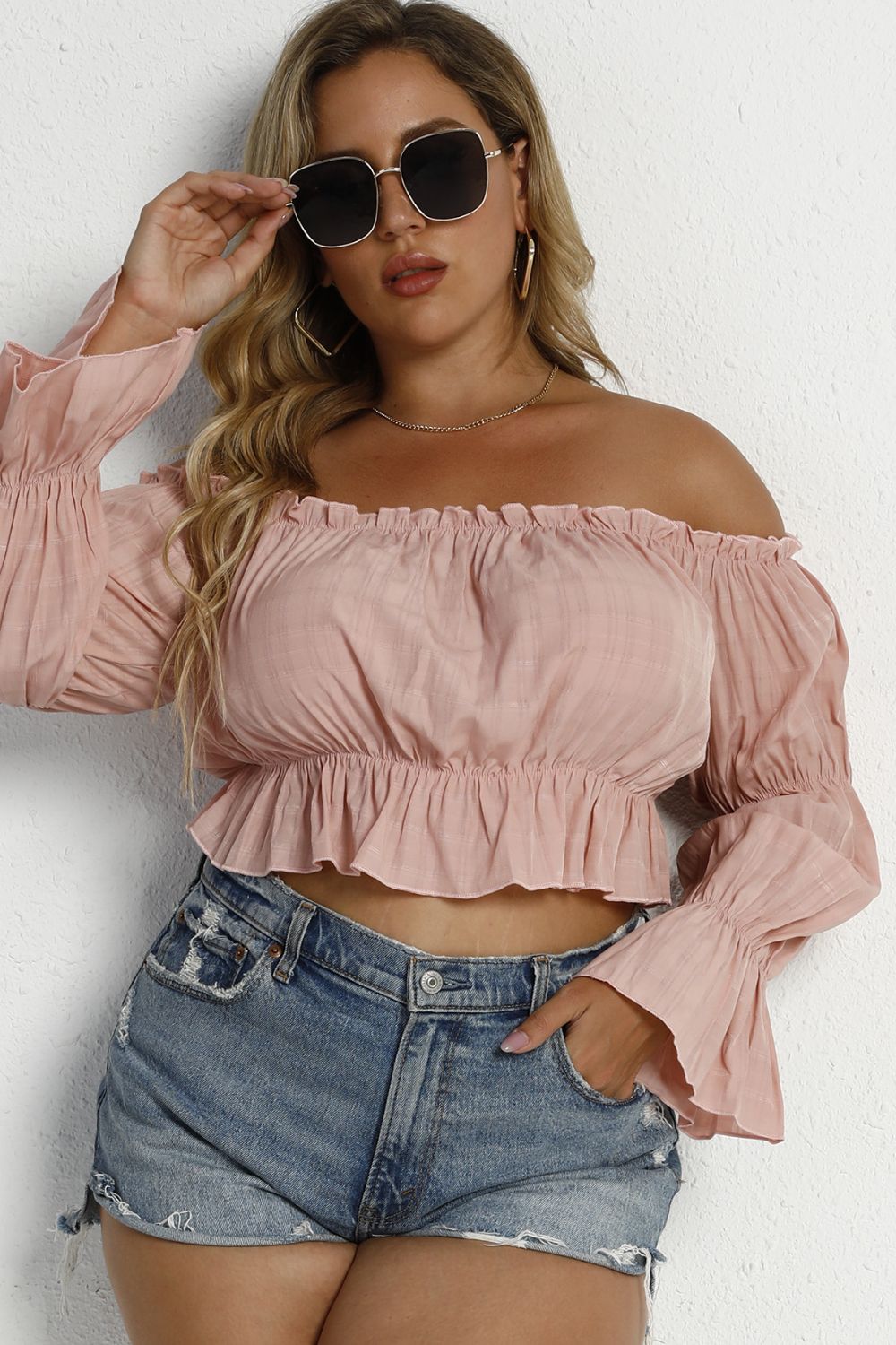 Plus Size Frill Trim Bubble Sleeve Off-Shoulder Peplum Blouse