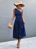 Asymmetrical One Shoulder Smocked Waist Midi Dress
