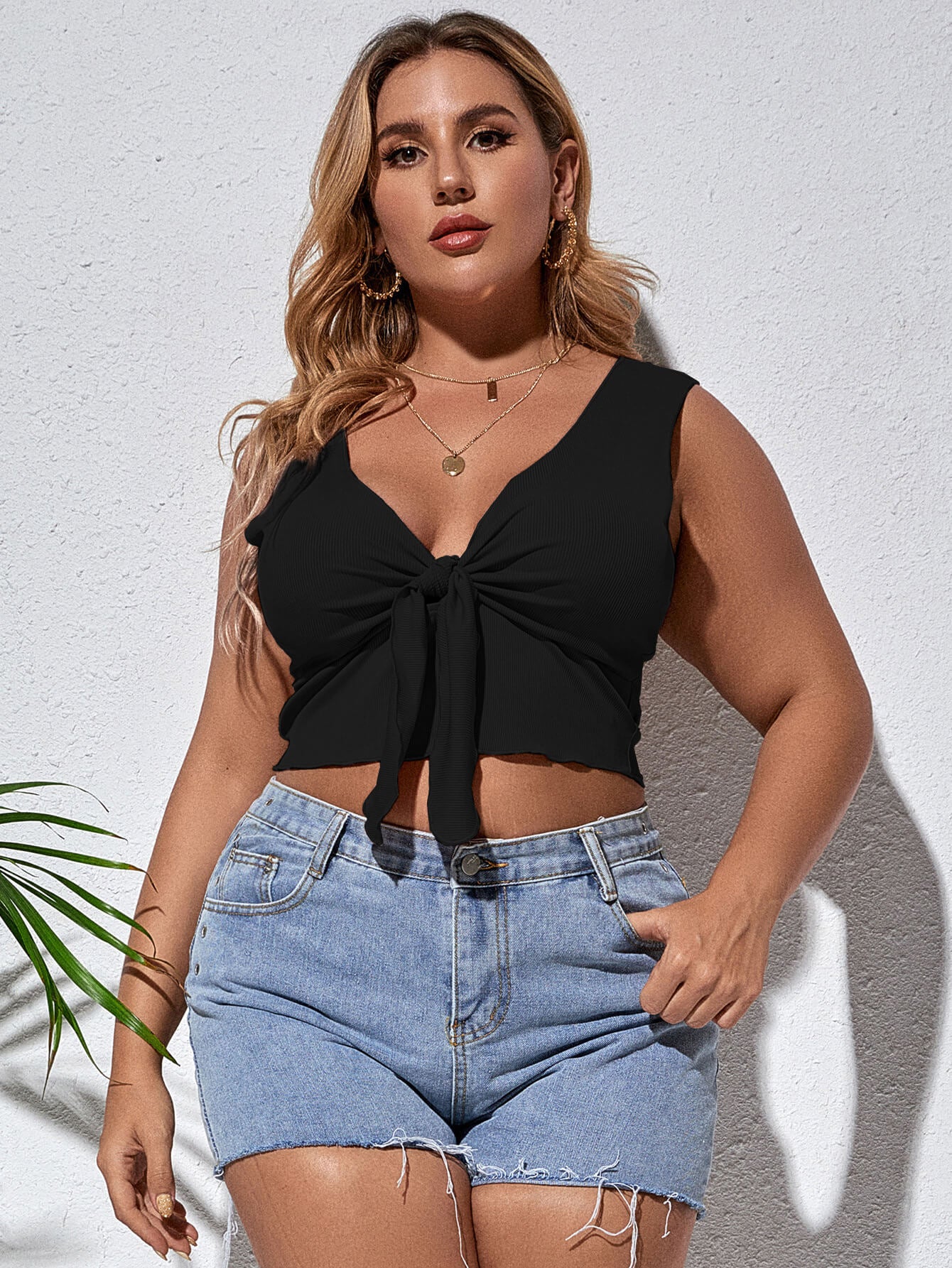 Plus Size Tie Front Sleeveless Plunge Crop Top