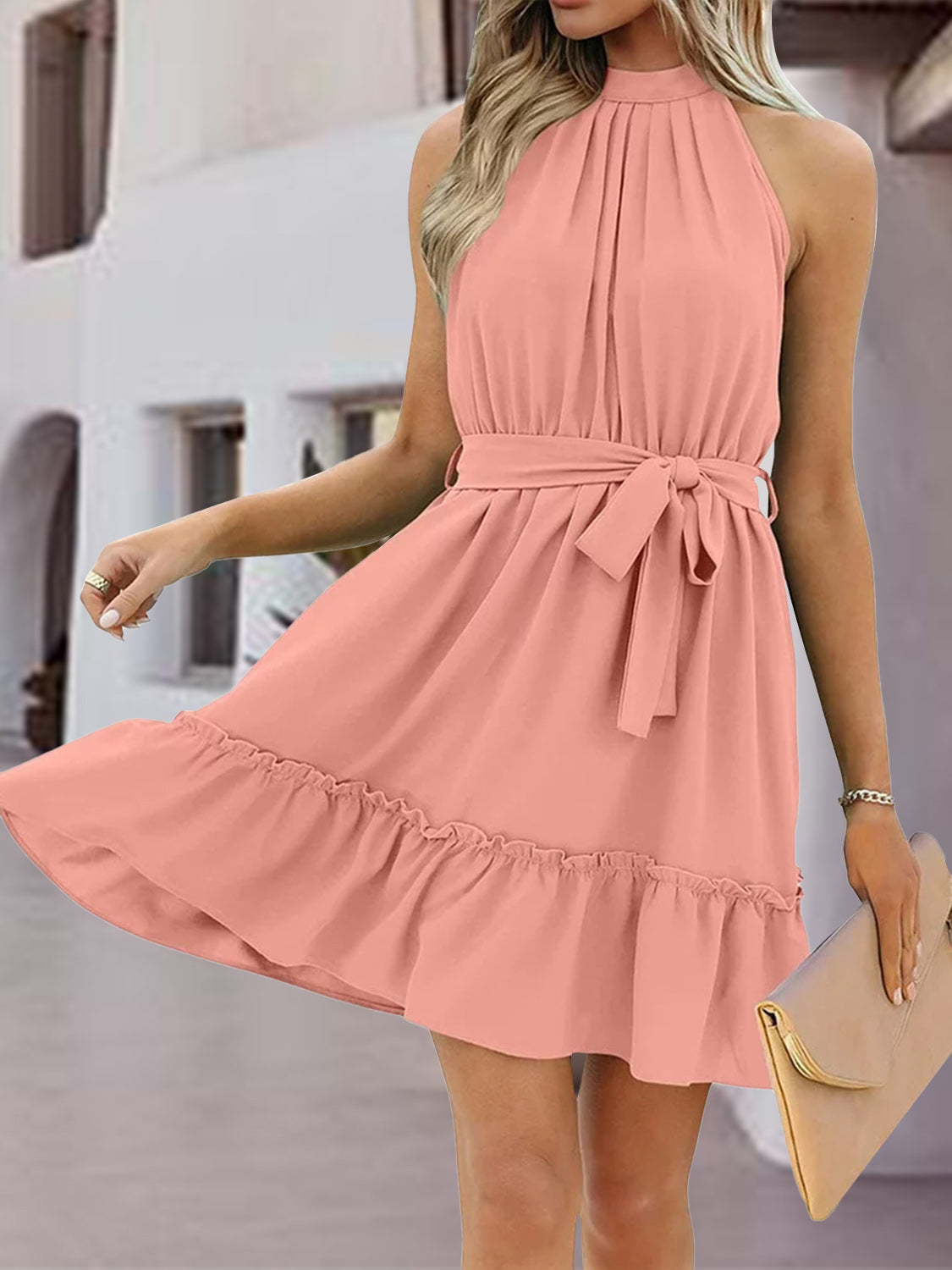 Frill Tied Mock Neck Sleeveless Dress