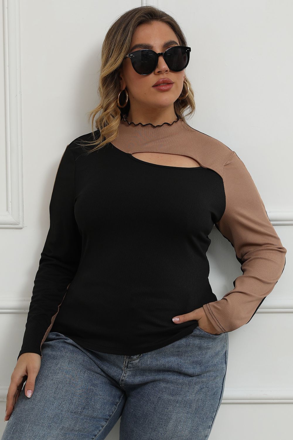 Plus Size Two-Tone Cutout Long Sleeve Top