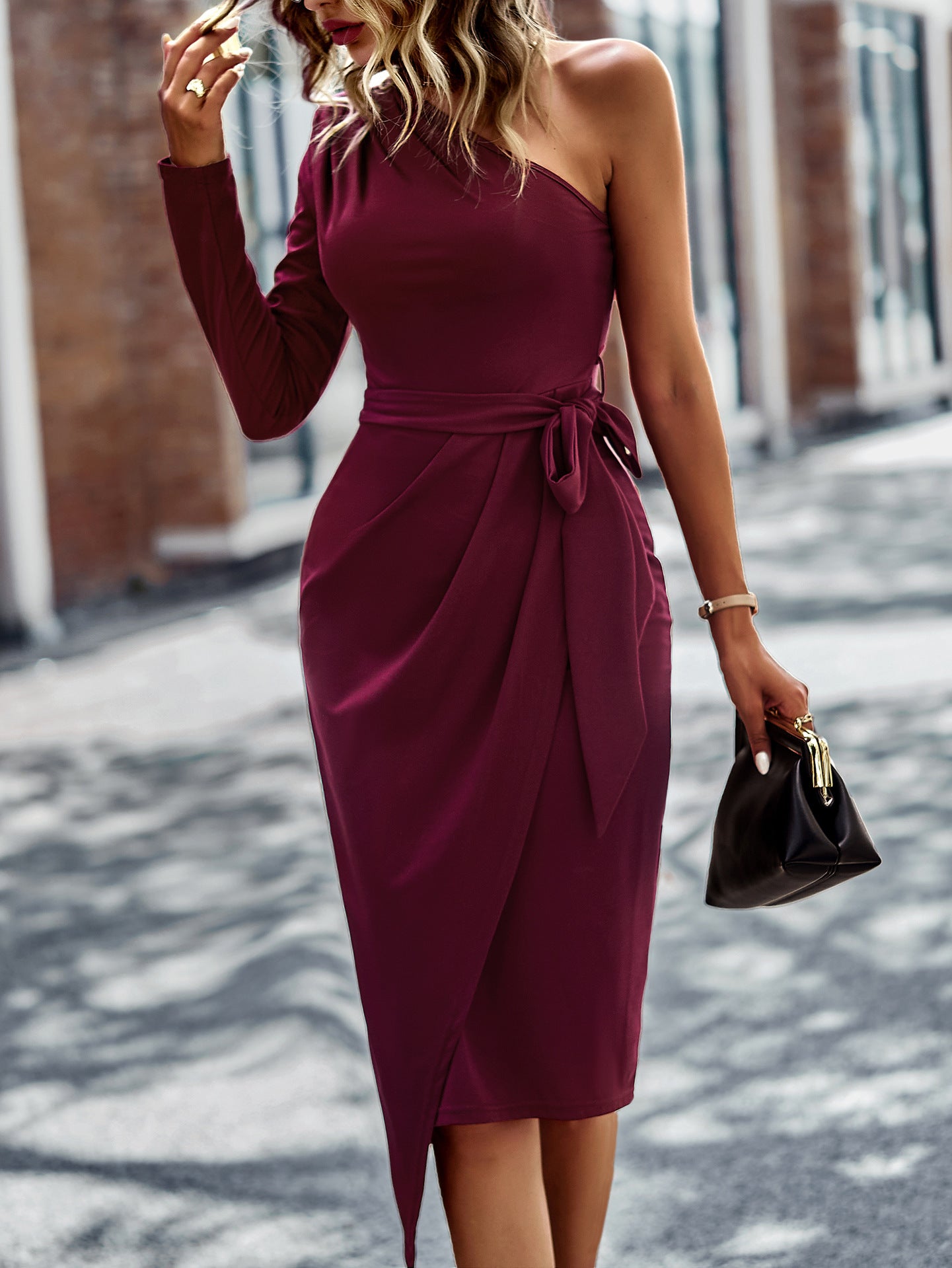 One-Shoulder Pleated Detail Belted Dress