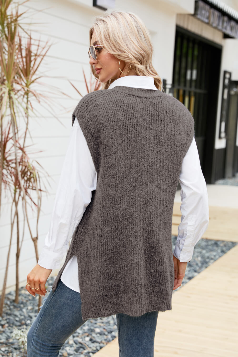 V-Neck Side Slit Sweater Vest