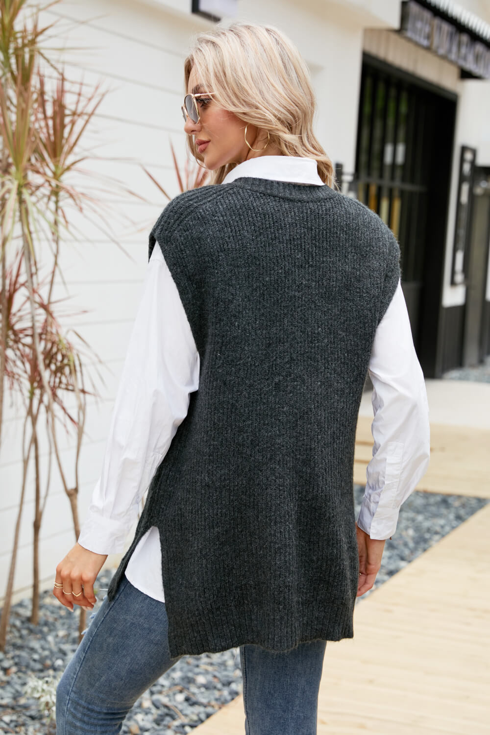 V-Neck Side Slit Sweater Vest