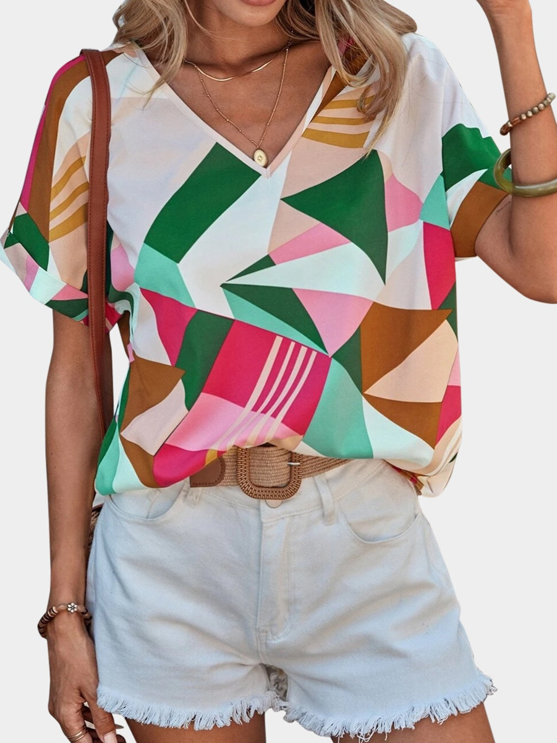 Printed V-Neck Short Sleeve Blouse