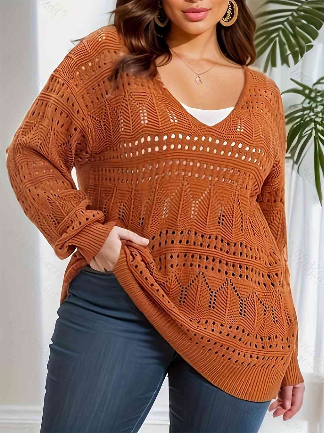 Plus Size Openwork Plunge Long Sleeve Sweater